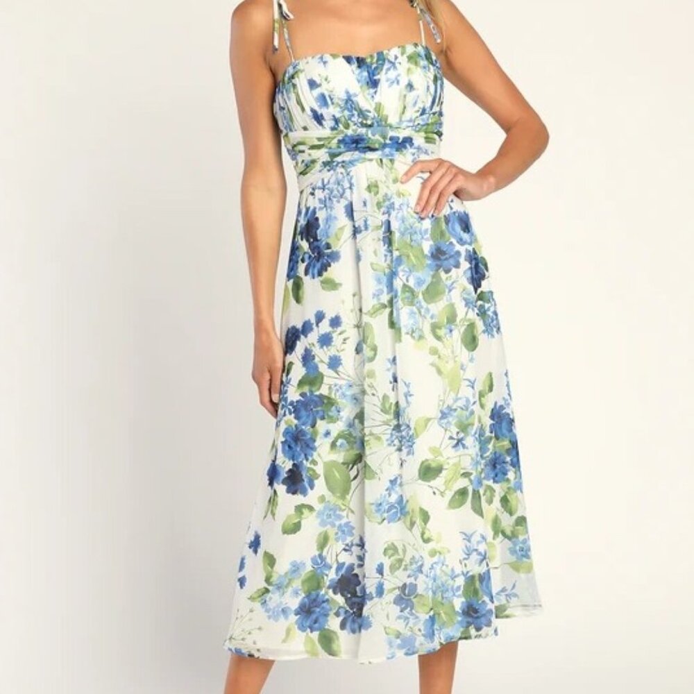 Lulus Pretty Poetic White Floral Print Pleated Tie-Strap Dress BNWOT
